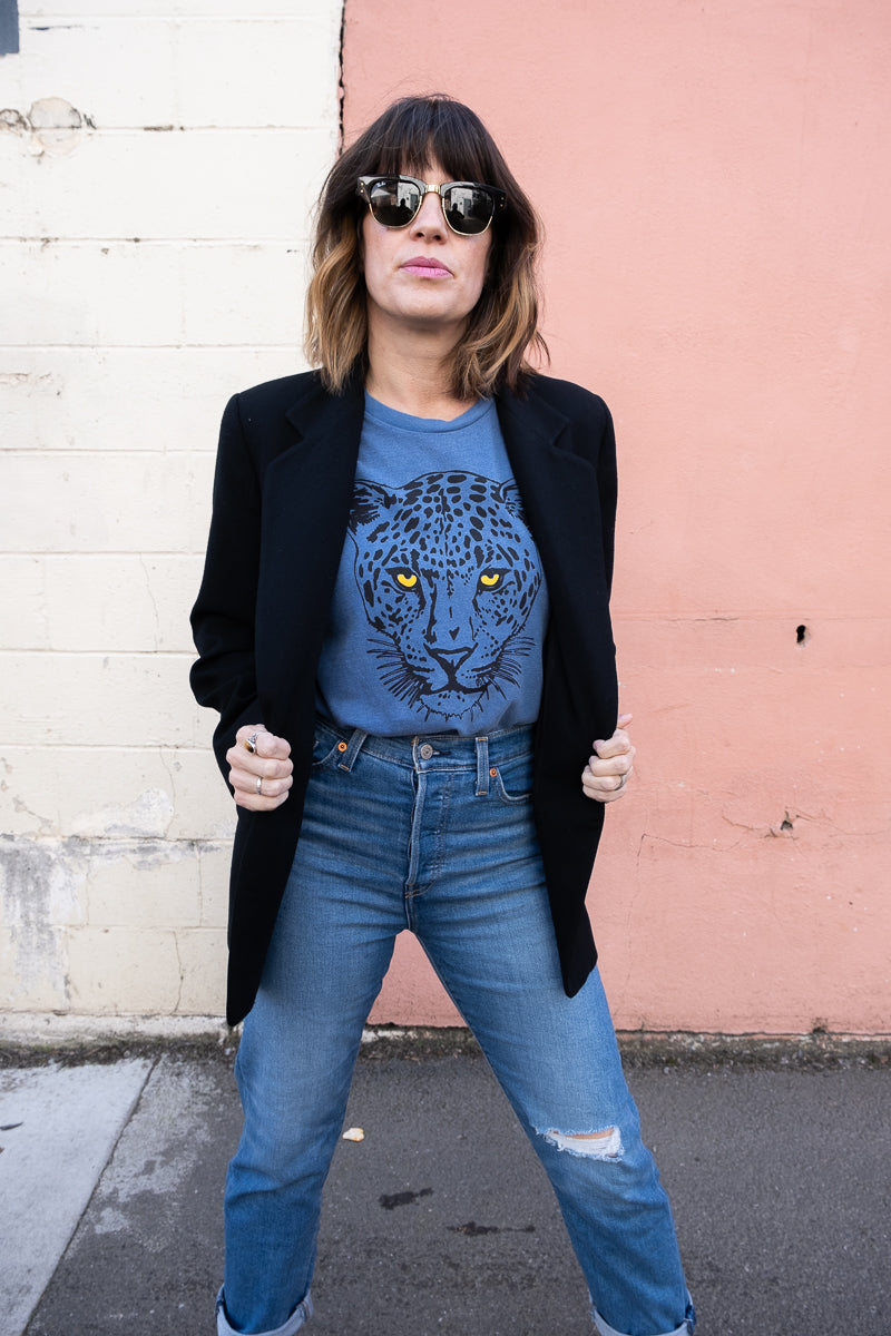 Thread Hippie blue leopard tee in rock and roll style photo shoot.
