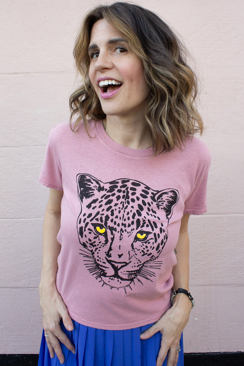 Thread Hippie leopard pink graphic tee smiling model.
