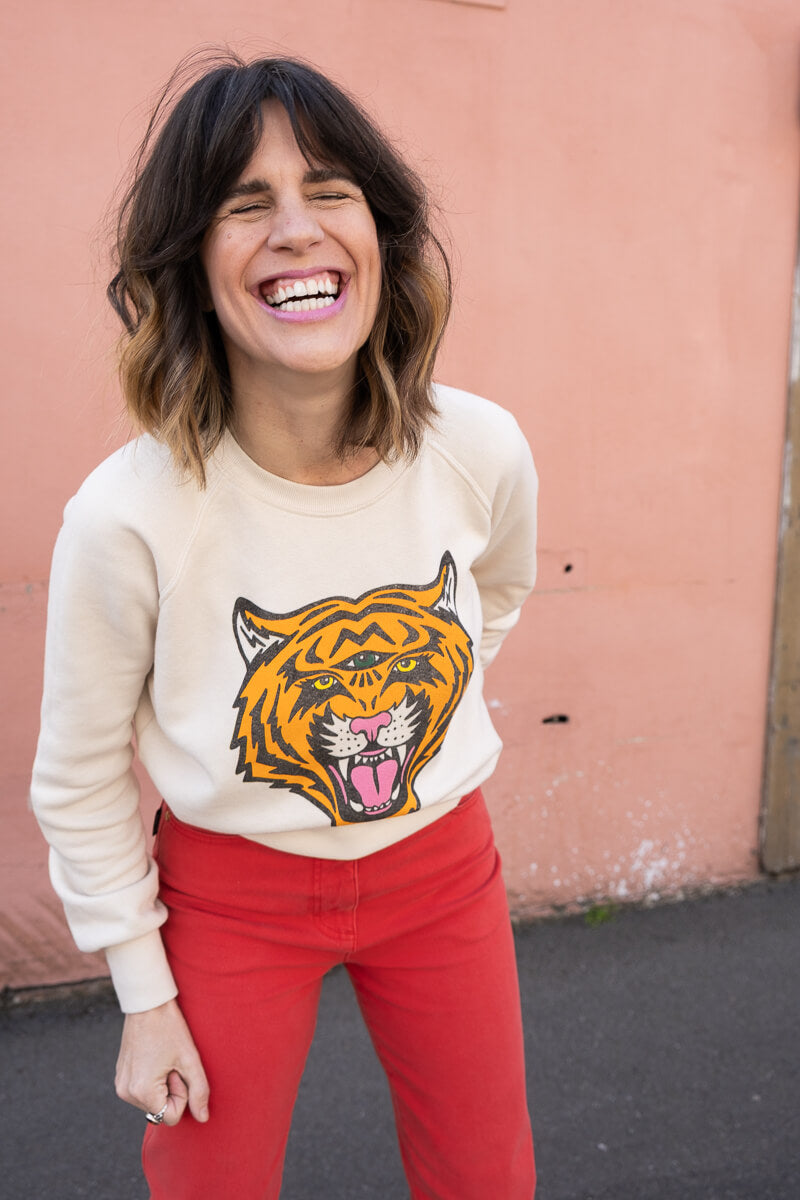 Women's Thread Hippie CA comic tiger sweatshirt in white.