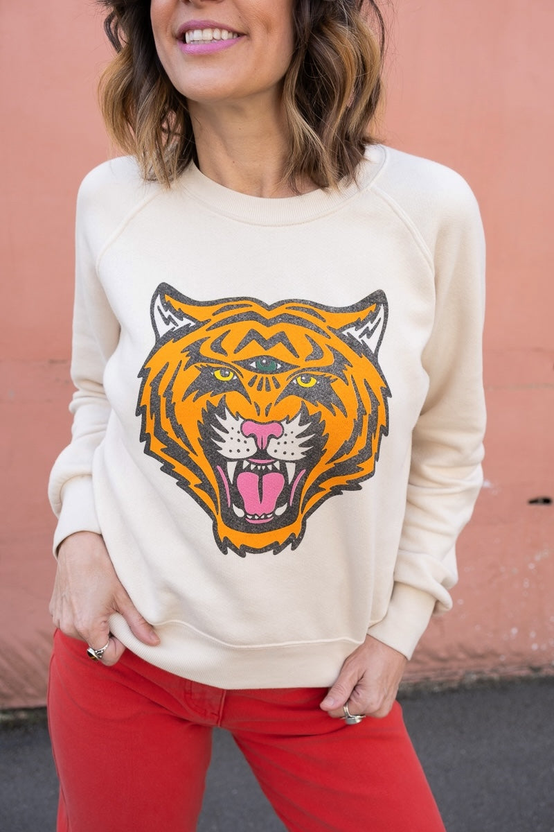 Cosmic Tiger women's raglan sweatshirt in white.