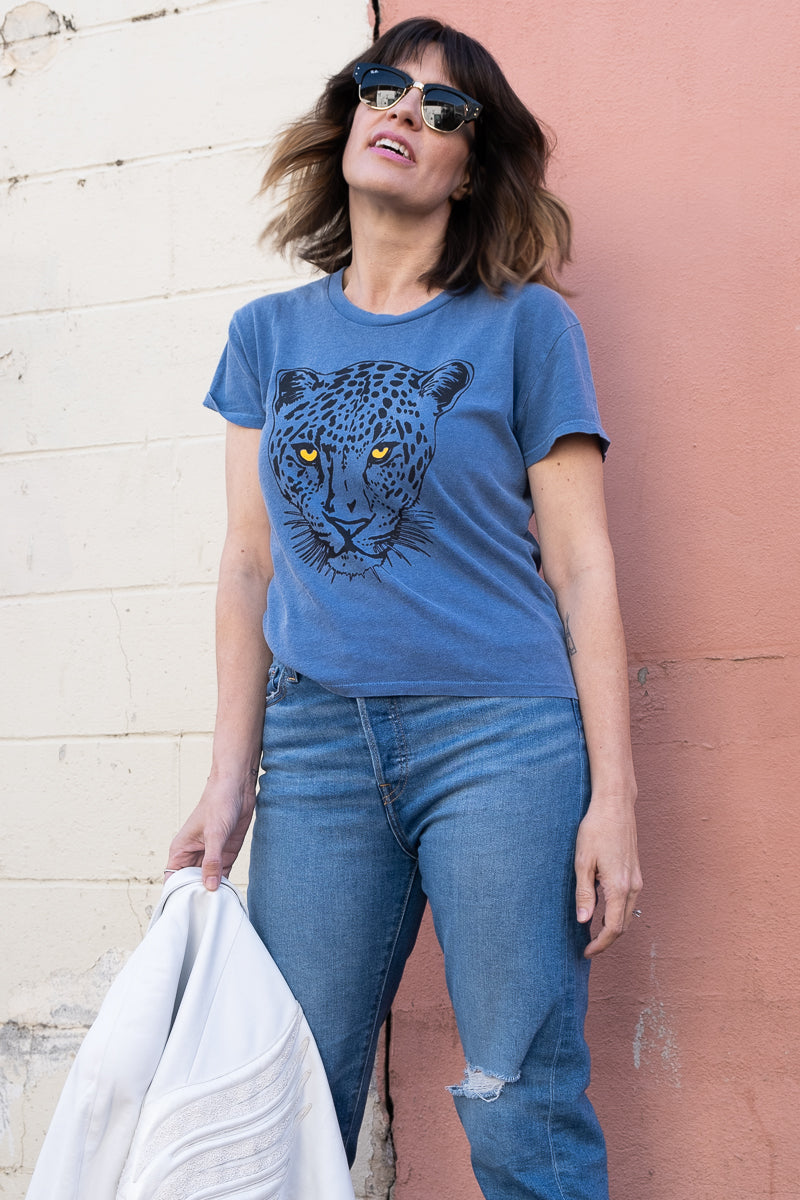 Thread Hippie's Leopard tee in blue fashion photo.