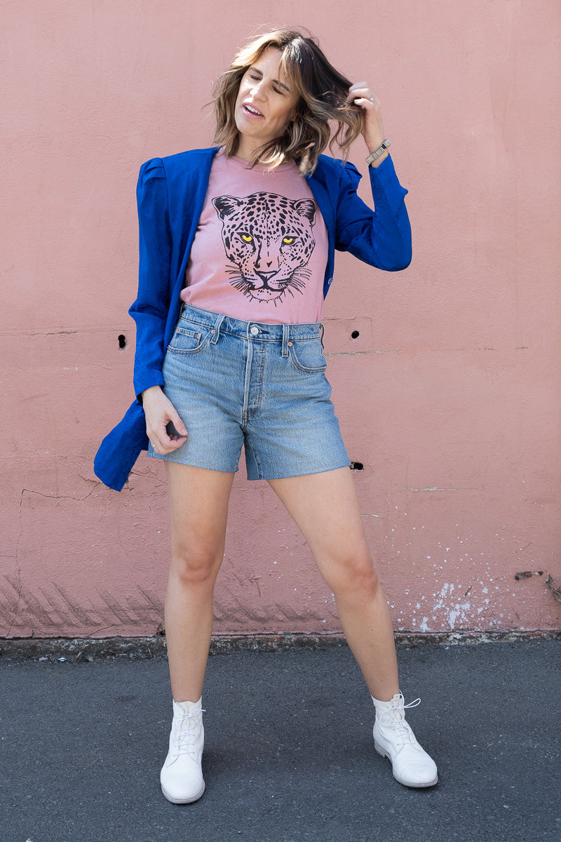 Thread Hippie CA pink leopard tshirt styled with vintage blazer.