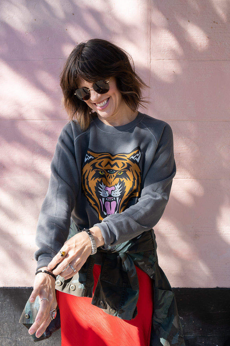 the "cosmic tiger" raglan sweatshirt on vintage black