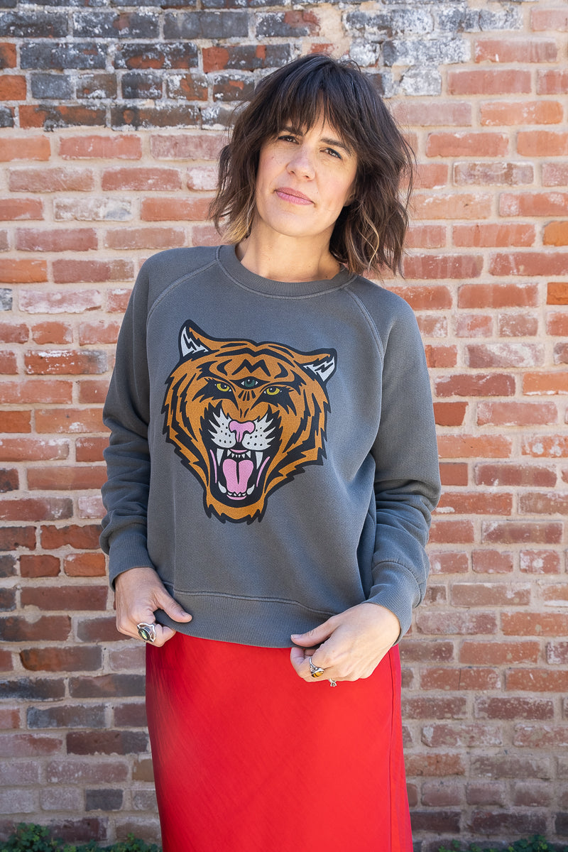 the "cosmic tiger" raglan sweatshirt on vintage black