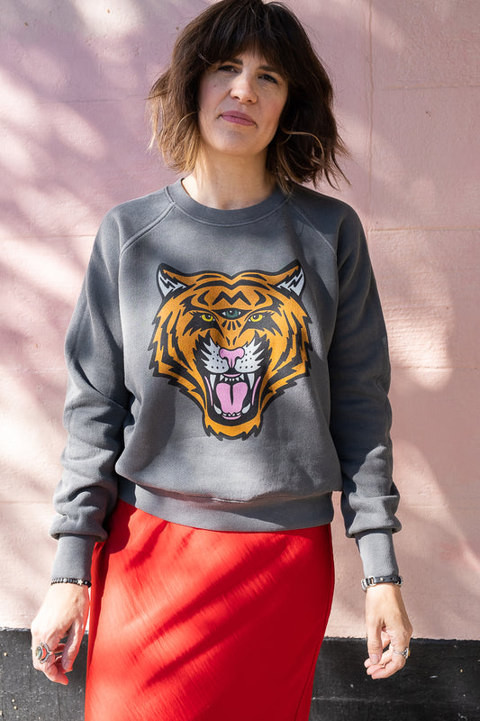 the "cosmic tiger" raglan sweatshirt on vintage black