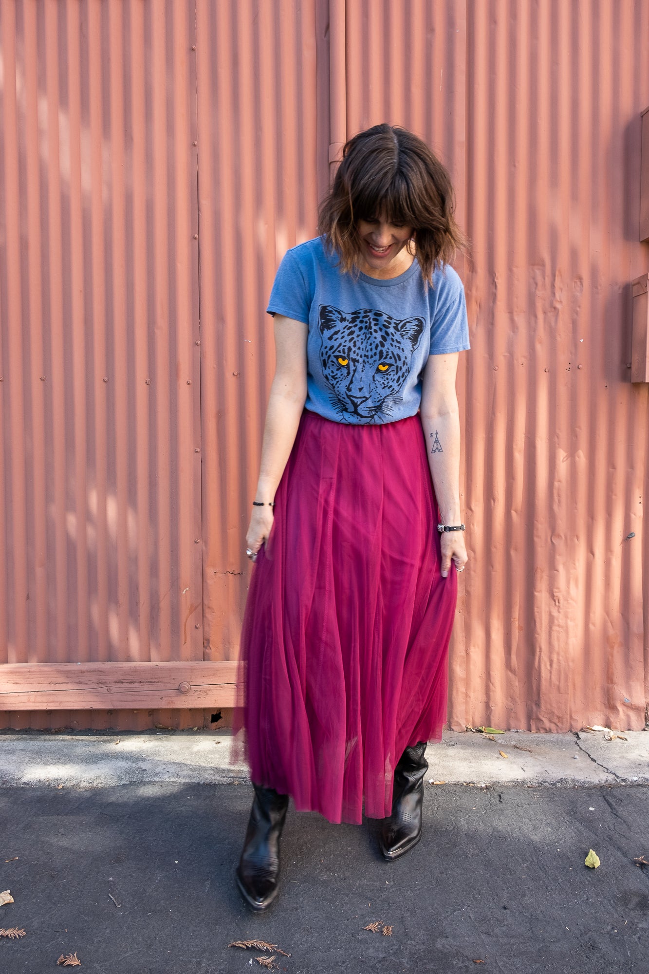 the "snow leopard" boxy tee on vintage blue