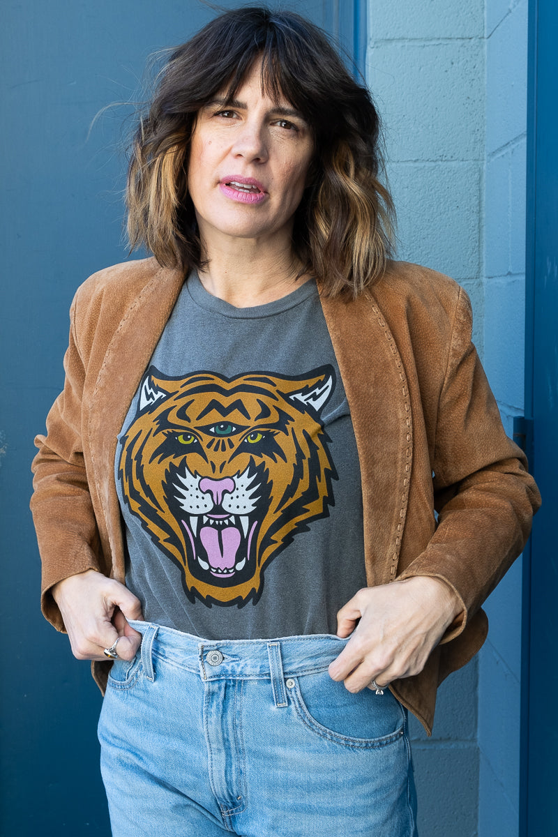 Women's Cosmic Tiger black boxy graphic tee street style on model.