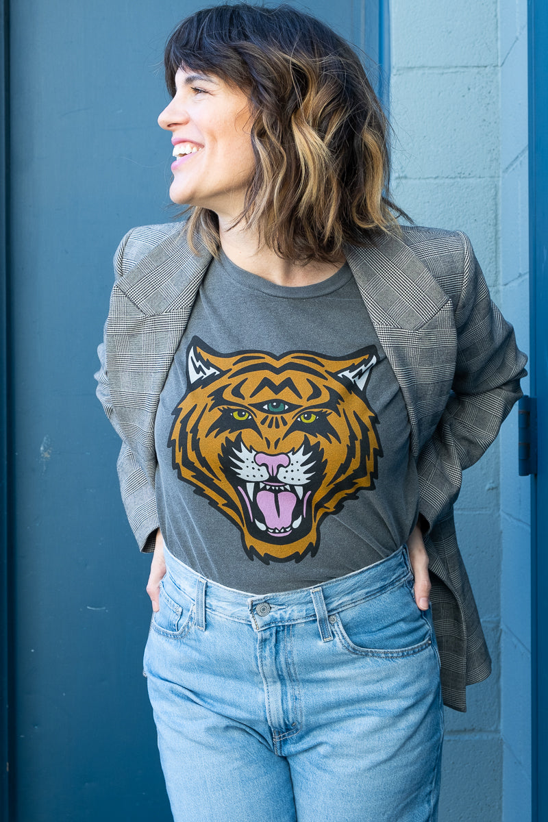 Thread Hippie Cosmic Tiger black boxy tee styled with jacket.