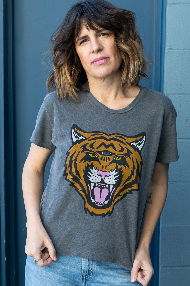 Women's Cosmic Tiger black boxy graphic tee street style.