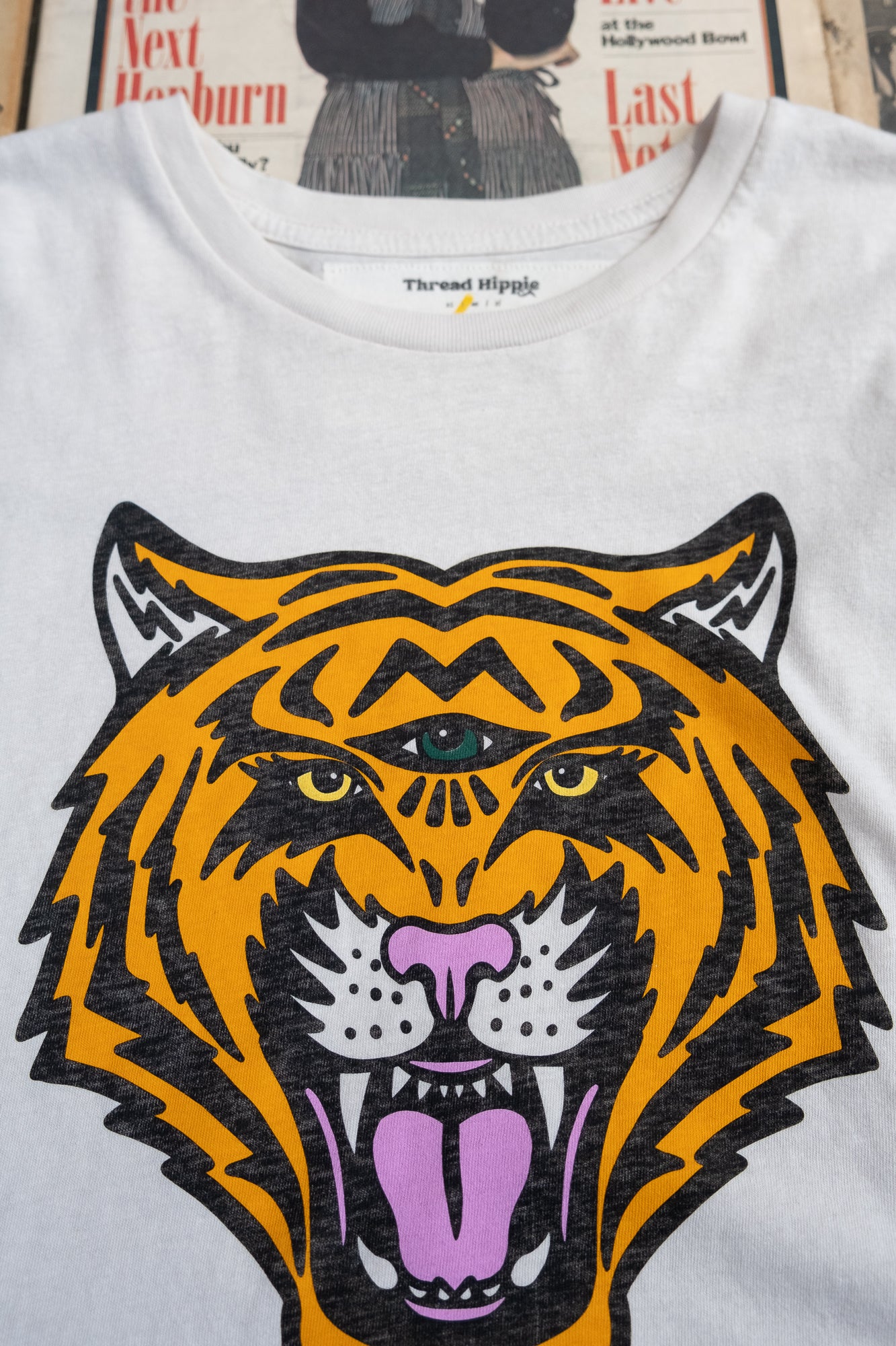 Cosmic Tiger women’s vintage washed boxy tee - detailed view.