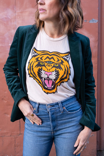 Thread Hippie Cosmic Tiger boxy tee styled close up.