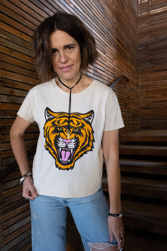 Women's Cosmic Tiger white boxy graphic tee styled on model - front view