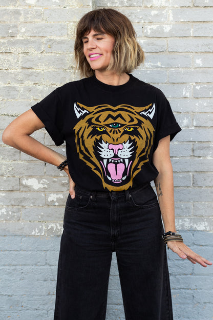 the "cosmic tiger II" graphic tee on black