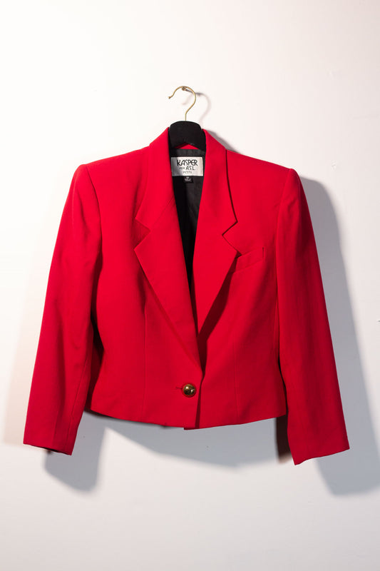 Red blazer on a hanger against a white background