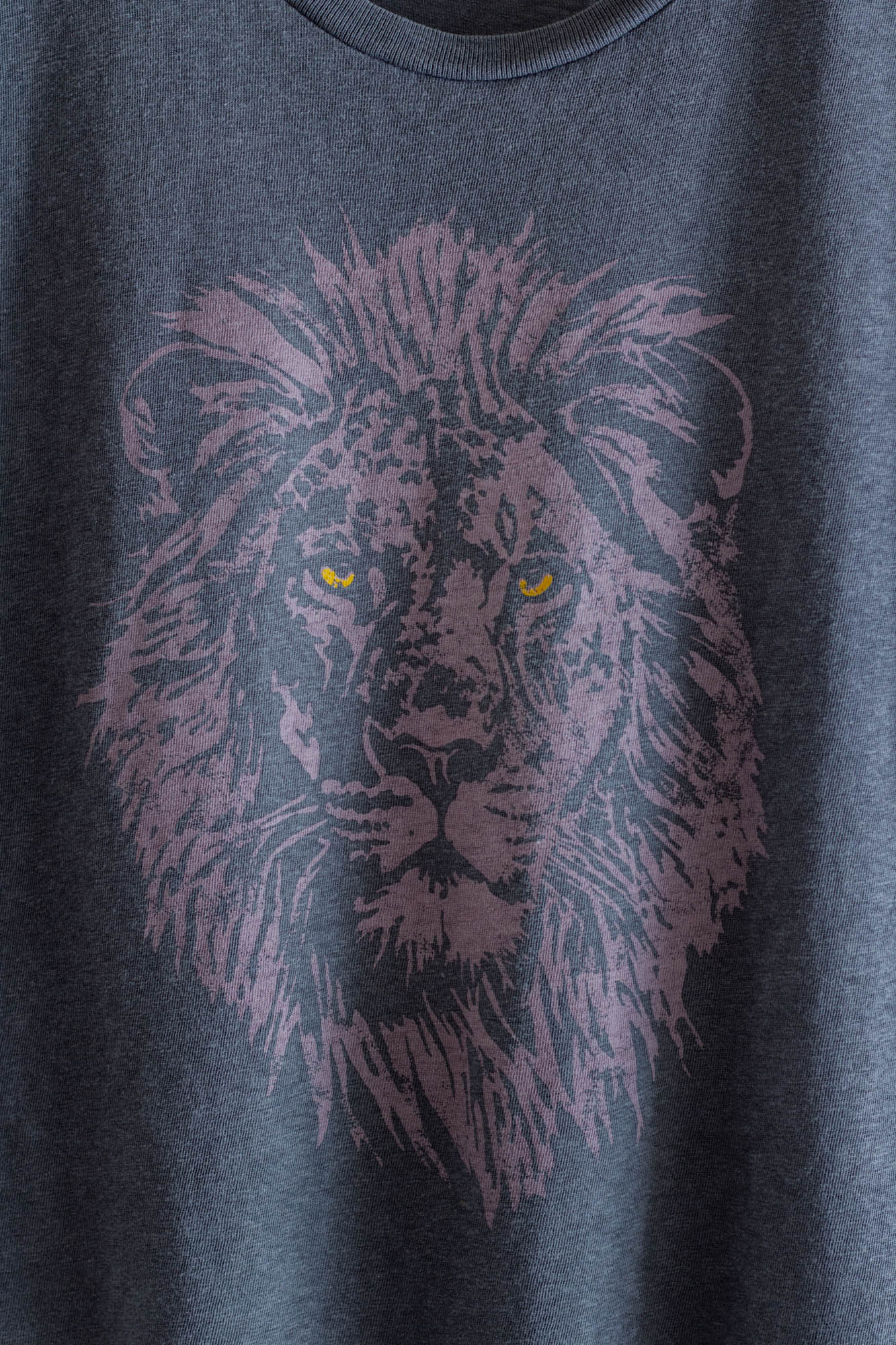 Black t-shirt with a purple lion graphic.