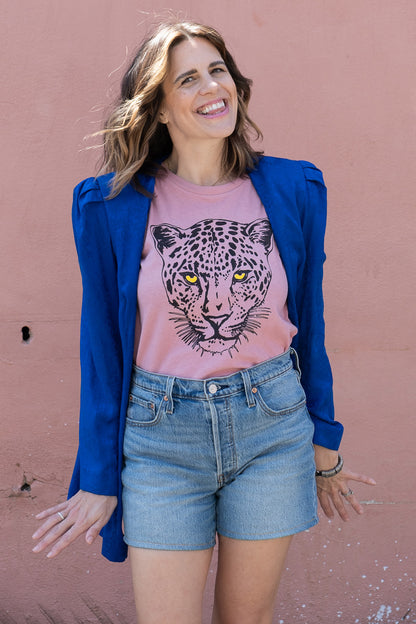 Pink snow leopard graphic tee styled with 80s blue blazer.