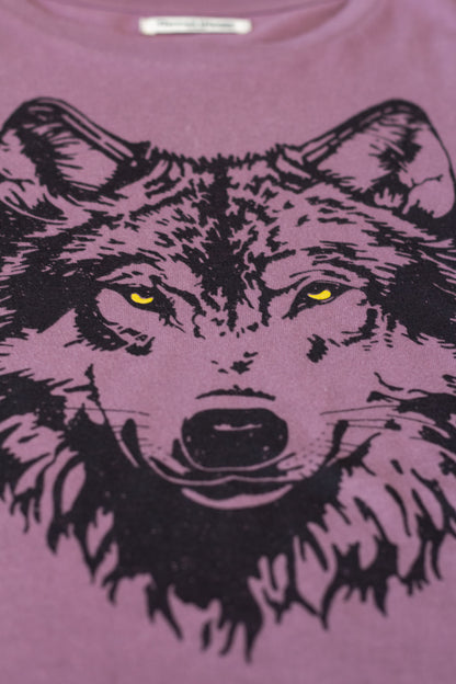 Purple women's t-shirt with a black wolf graphic design.