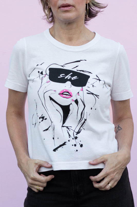 the "she energy II" graphic tee on white