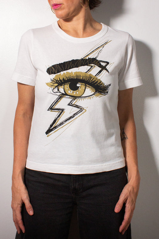 the "she's electric" graphic tee on white