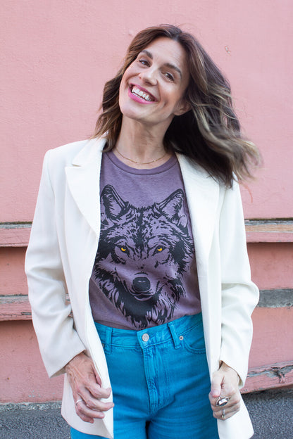 Thread Hippie purple wolf tee styled by woman with white vintage 1980s blazer.