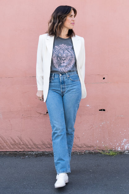 Thread Hippie new Mane Energy tee styled with vintage 80s white blazer.