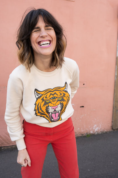 Women's Thread Hippie CA comic tiger sweatshirt in white.