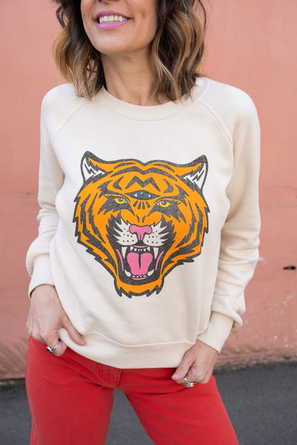 Cosmic Tiger women's raglan sweatshirt in white.