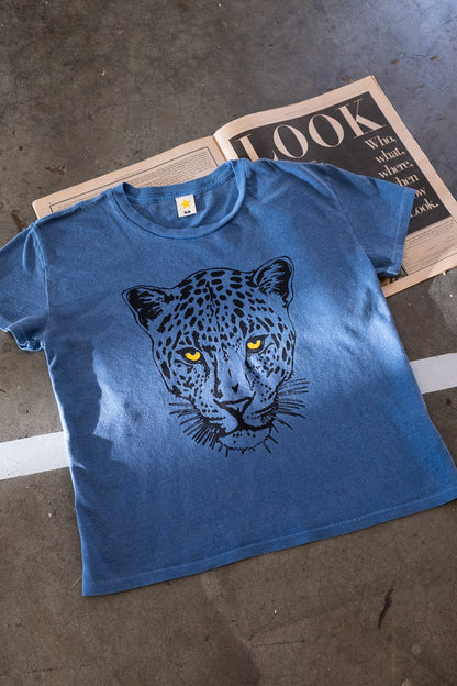 Vintage wash leopard boxy tee in blue - detail view.