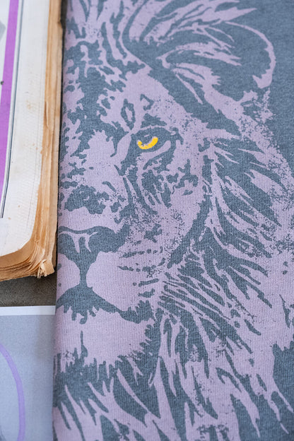 Detail photo of Thread Hippie's lion tshirt for women.