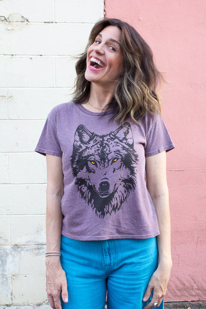 Purple Thread Hippie mother wolf tee styled on smiling woman.