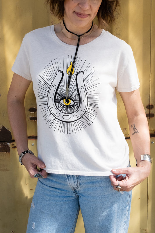 the "cosmic horseshoe" boxy tee on white