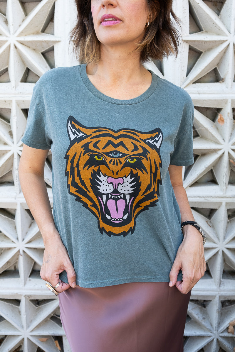 the "cosmic tiger" boxy tee on vintage green