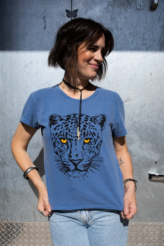 the "snow leopard" boxy tee on vintage blue