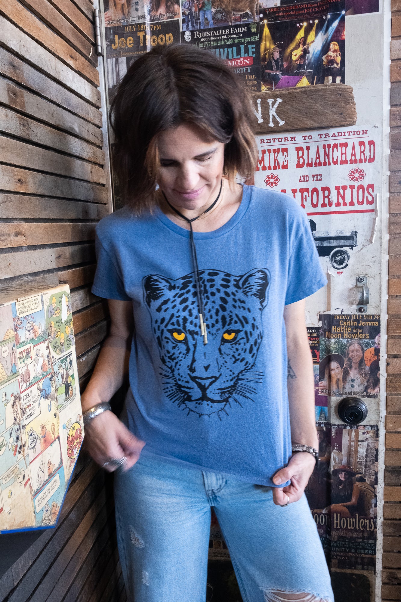 Thread Hippie Snow Leopard boxy tee styled casual on model.