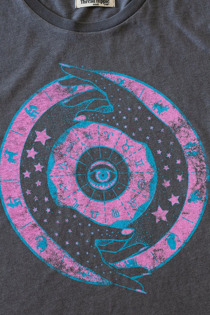 Close-up of Zodiac novelty tee print in neon pink and blue on vintage black fabric.