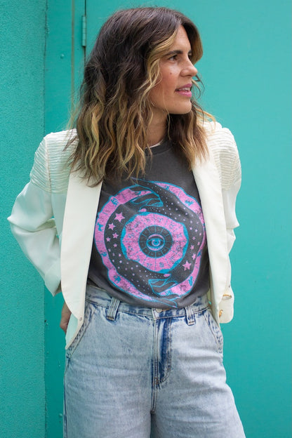 Zodiac womens graphic tee in vintage black styled casually with denim and white vintage blazer.